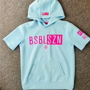 BSBL SZN Kids Short-Sleeve Hoodie — Light Blue with Pink Logo